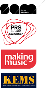 Logos of organisations involved with Adopt a Composer: Sound and Music, PRS for Music Foundation, Making Music and King Edward Musical Society.
