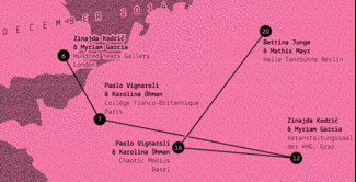 Map of locations of December 2014 performances of ‘Tomorrow I will build a house here, if I can hold still’